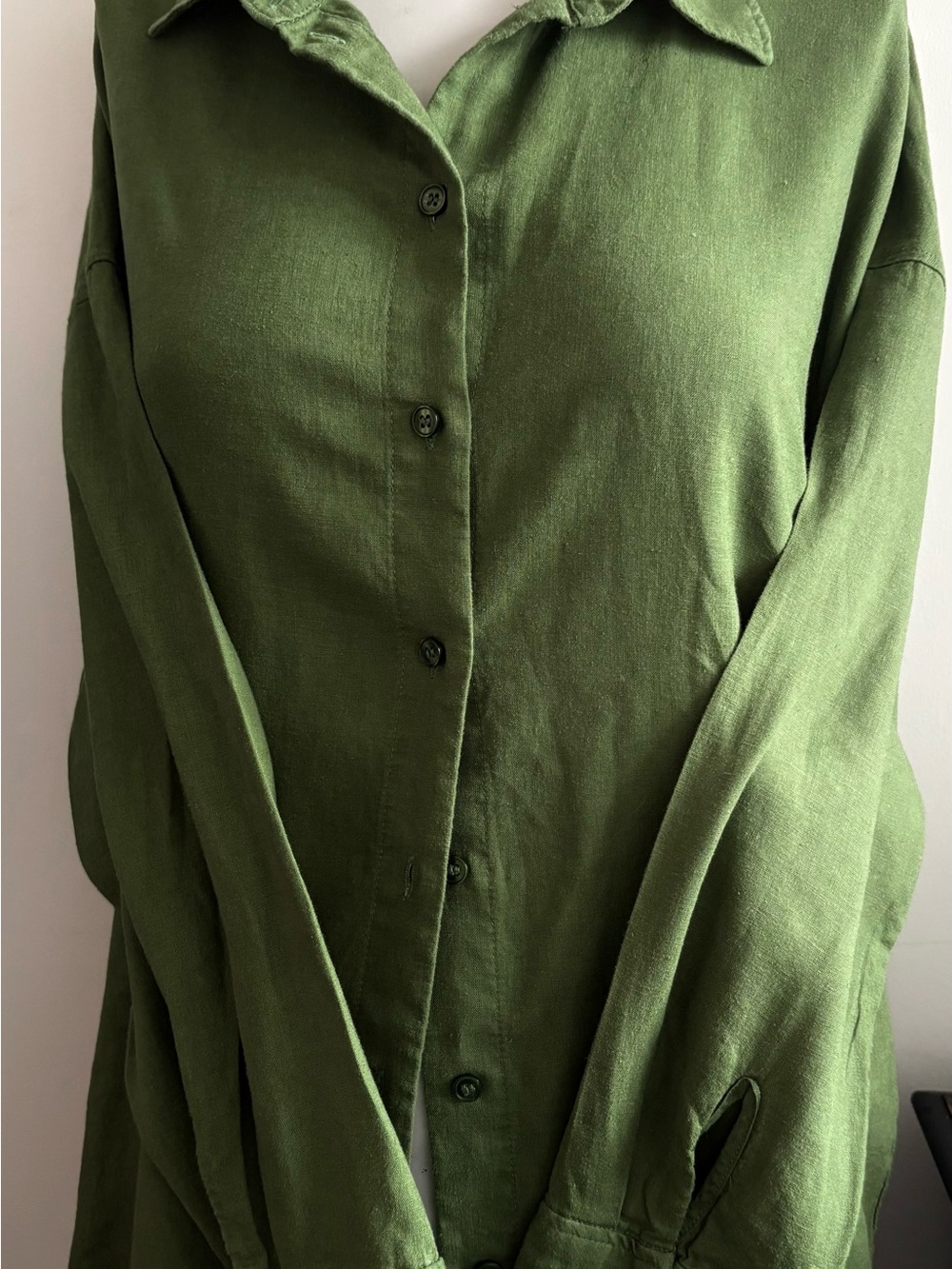 Olive Green  Linen Button-Up Shirt